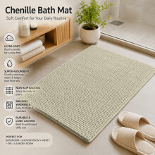 (50cm x 80cm, Silver) Chenille Bath Mat - Anti Slip, Water Absorbent & Washable Bathroom Rugs for Shower & Bath - Soft Non-Slip Mat