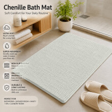 (50cm x 80cm, White) Chenille Bath Mat - Anti Slip, Water Absorbent & Washable Bathroom Rugs for Shower & Bath - Soft Non-Slip Mat