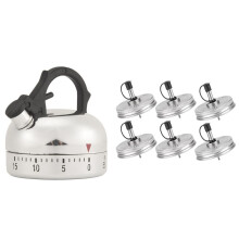 60 Minute Counting Teapot Shaped Kitchen Cooking Alarm Clock Timer with 6PC Stainless Steel 70mm Regular Mouth Mason Jar