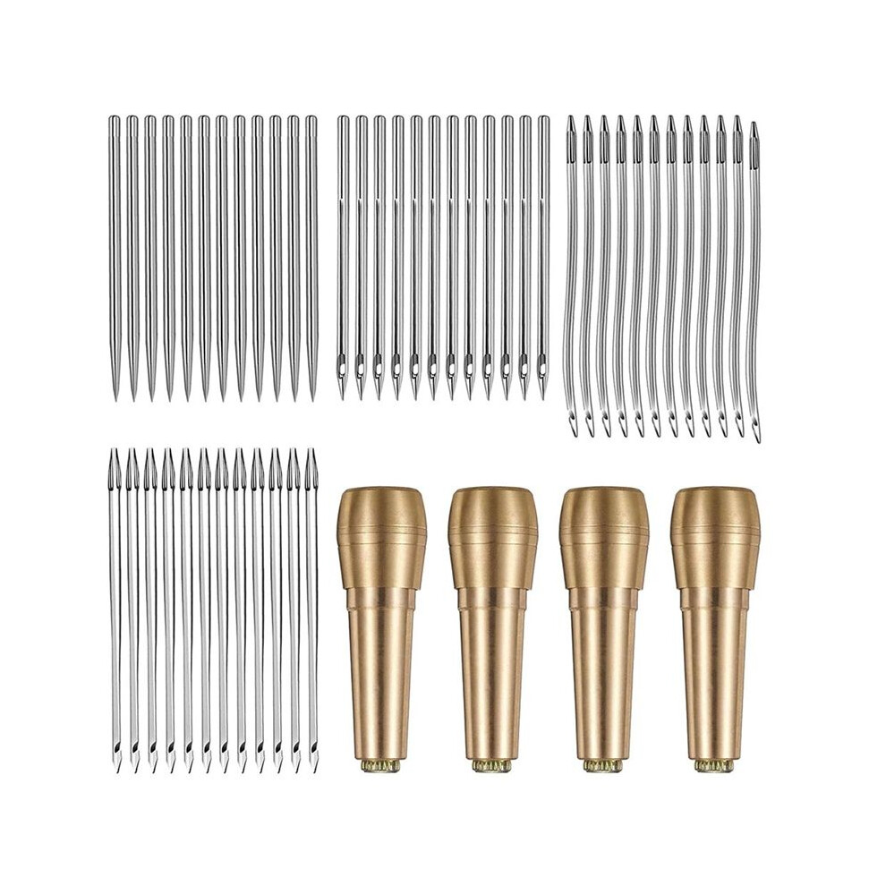 Sewing Awl Needles, 52Pcs Leather Sewing Kit 36Pcs Straight Needle + 12Pcs Curved Crochet Needle + 4Pcs Copper Handle