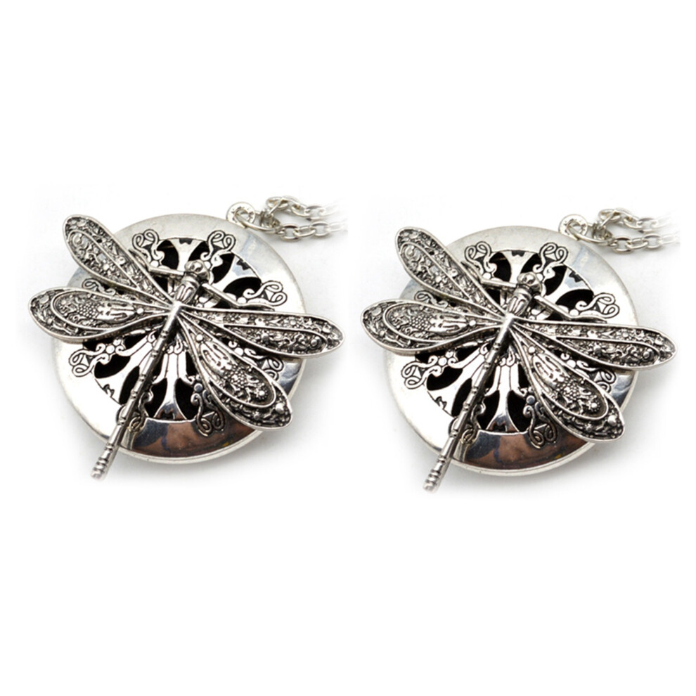 2Pc Antique Dragonfly Aromatherapy Diffuser Pendant Necklace Silver 4712881107452
