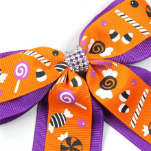 Halloween Bat  Print Diamond Chain Bowknot Hairpin Girls Children Funny Hair Accessories Black Orange