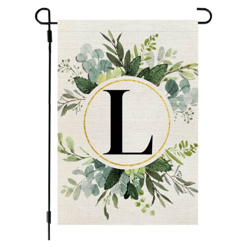 Monogramm-Gartenflagge mit Blumenmuster, rustikales Leinen, doppelseitig