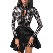 (Houndstooth, XL) Autumn Winter Long Sleeve V-Neck Zipper PU Pocket Dress