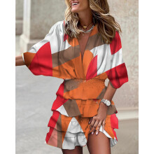 (Geometric Print, L) Autumn Batwing Sleeve V-Neck Irregular Hem Dress for Women
