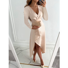 (Khaki, S) Autumn Winter Long Sleeve V-Neck Pleated Hem Slit Dress for Women