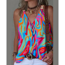 (Colorful, M) Sommerliches, schlichtes ärmelloses Top mit V-Ausschnitt, Metallknöpfen und Print für Damen