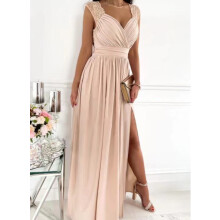 (Beige, XXL) Sleeveless Lace Back Slit Women's Dress