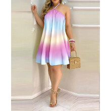 (Gradient Color, S) Summer Off-Shoulder Halter Tie Loose Women's Dress