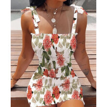 (White with chrysanthemums, XL) Strap Printed Off-Shoulder Bodycon Dress for Women
