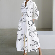 (Newspaper, XXL) Autumn Long Sleeve V-Neck Printed Dress for Women