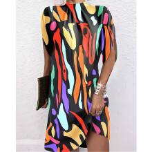 (Colorful, S) Women's Loose Batwing Sleeve Round Neck Dress