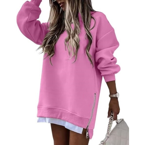(Pink, XL) Autumn Winter Women's Spliced Side Zipper Pullover Sweatshirt