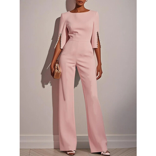 (Pink, L) Spring Summer Solid Beaded Slim Jumpsuit for Women