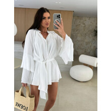 (White, L) Autumn Solid V-Neck Irregular Tie Long Sleeve Loose Dress for Women