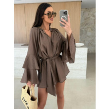 (Coffee, M) Autumn Solid V-Neck Irregular Tie Long Sleeve Loose Dress for Women