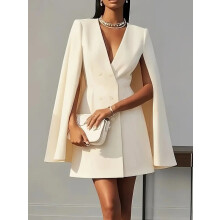 (Apricot, M) Women's Autumn Double-Breasted Cape Solid Color Suit Dress