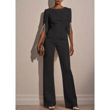 (Black, L) Spring Summer Solid Beaded Slim Jumpsuit for Women