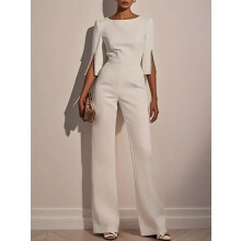 (White, M) Spring Summer Solid Beaded Slim Jumpsuit for Women