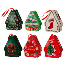 Christmas Tinplate Candy Box Decorate with Lanyard Polygonal Printed Tinplate Box for Christmas Decorations