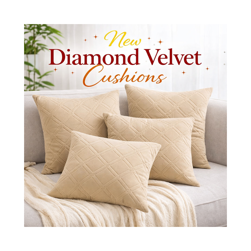 Imperial Rooms (Pack Of 4, Beige) Diamond Embossed Velvet Cushions With Filling | Luxury Soft Throw Cushions For Sofa Bed & Living Room
