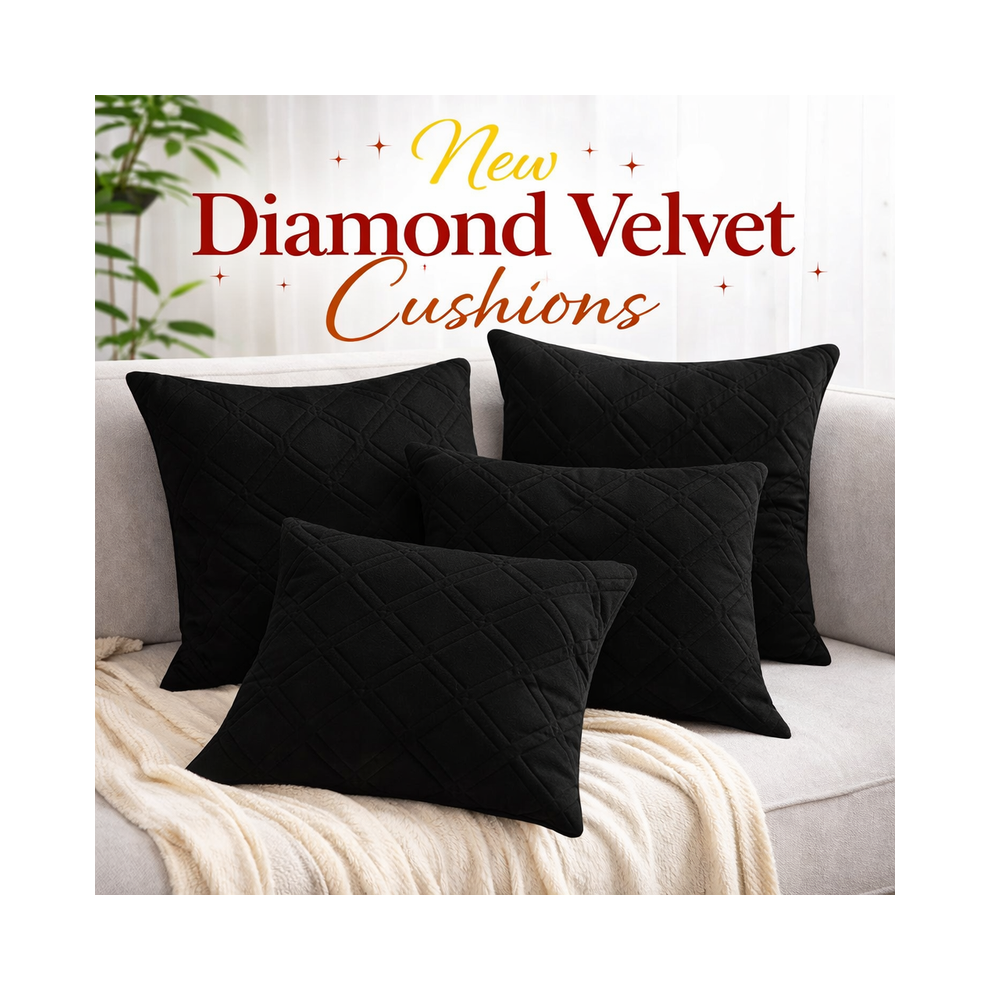 Imperial Rooms (Pack Of 2, Black) Diamond Embossed Velvet Cushions With Filling | Luxury Soft Throw Cushions For Sofa Bed & Living Room