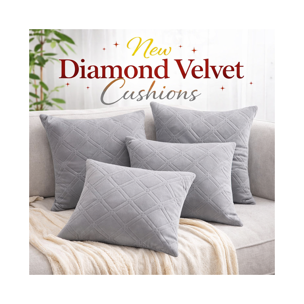 Imperial Rooms (Pack Of 2, Silver) Diamond Embossed Velvet Cushions With Filling | Luxury Soft Throw Cushions For Sofa Bed & Living Room