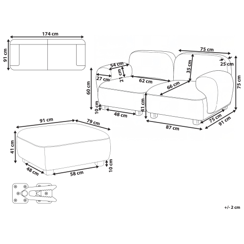 Beliani Modular Sofa 2 Seater AMLI Beige Fabric with Ottoman 2