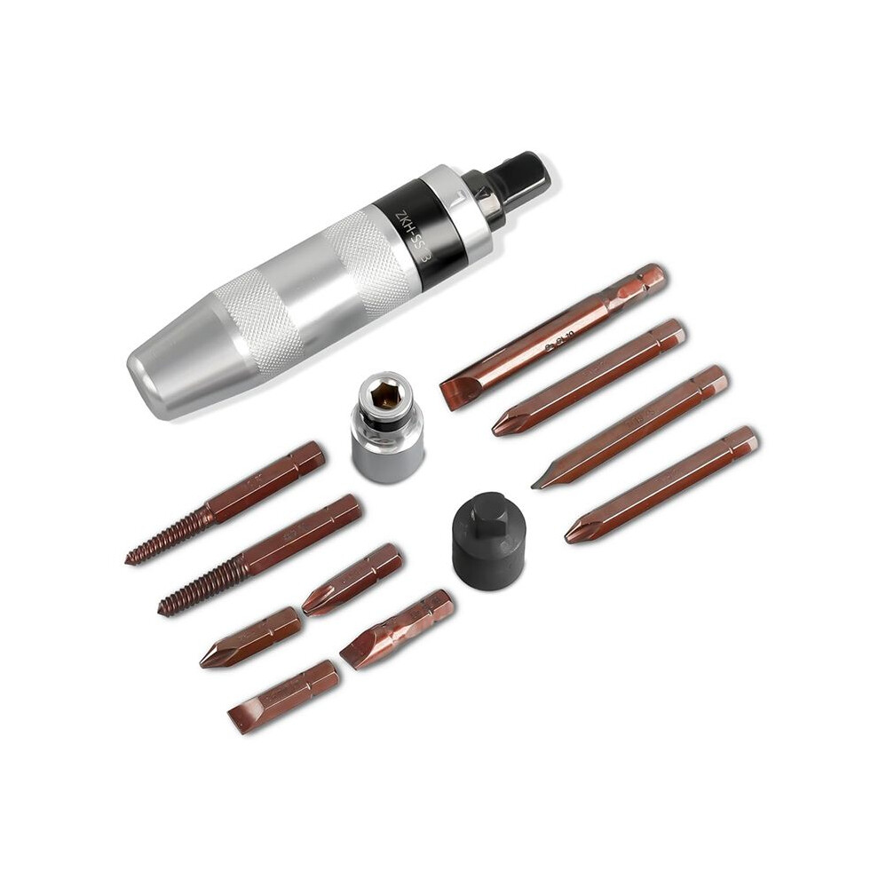 3/8In Hand Impact Screwdriver, 1/2In Manual Reversible Impact Driver 10 Pcs Steel Slotted, Phillips,Screw Extractor Bit 4713136184976