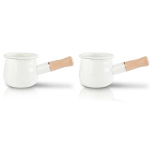 2X Enamel Milk Pan, Butter Warmer 10cm Saucepan Pan Cookware with Wooden Handle, for Heating Small Liquid Portions