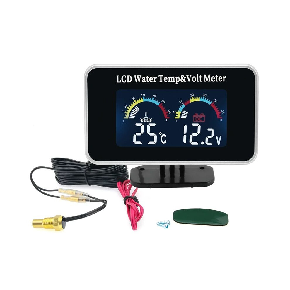 AD Car LCD Water Temperature Meter + Thermometer Voltmeter Gauge 2in1 Temp Voltage Meter 10mm Water Temp Sensor 12V 24V
