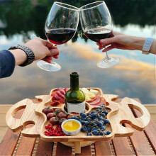 Outdoor wine bottle table stand, portable and foldable wooden picnic table and food rack, suitable for camping and beach parties.