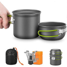 Camping Cookware Set, Picnic Crockery with 2 Aluminum Foldable Pots and 1 Mini Camping Stove with Pi