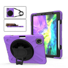 Case cover for Ipad Pro 12.9(2020/2018) 360  Rotating Silicone Case with Stand And Hand Strap, Long Strap And Pencil Slot (Purple)