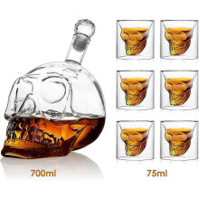 Skull glass bottle, skull bottle 700ml with 6 skull glasses 75ml, skull bottle with whiskey vodka or