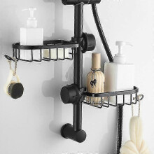 2025 New 2pcs Black Stainless Steel Shower Shelf Without Drilling Stainless Steel Telescopic Shower Support