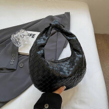 (Black)Women Handbag PU Leather Woven Fashionable Knot Purse Woven Handmade Handmade Clutch Hand Bag