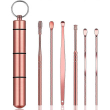 Ear Wax Removal Kit, Ear Pick Tools Earwax Removal 6-in-1 Ear Cleansing Tool Set Stainless Steel Ear Curette Ear Wax Remover Tool with Keychain Box(Ro