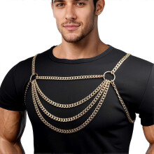 Men's Chest Harness Chain Costume, Body Harness Belt for Men, Male Chest Harness Fashion Uniform for Cosplay Party (Gold)