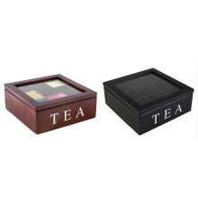 2Pcs Wooden 9 Grids Tea Box Tea Bags Container Storage Box Transparent Top Lid Storage Box - Red Wine Color & Black
