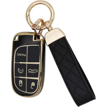 for Jeep Key Fob Cover with Leather Keychain, Soft TPU Full Cover Protection Key Case for Grand Cherokee Renegade Dodge Durango Challenger Journey Sm