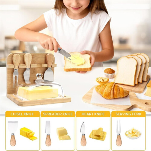 Burriera 2 In 1 con Coperchio e Portacoltelli per Formaggio, 4 Coltelli per Formaggio, Portaoggetti da Banco 2