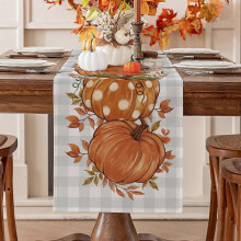 Pumpkin Leaves Fall Table Runner, Buffalo Plaid Autumn Thanksgiving Harvest Farmhouse Style Table Decoration for Dining, Party, Holiday - 13x72 Inch,