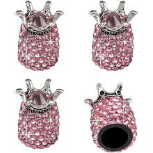 (pink) Car Tire Valve Stem Caps, Handmade Crown Crystal Rhinestone Car Stem Air Caps Cover, Universal For Most Vehicles - Crown Red - 4pcs
