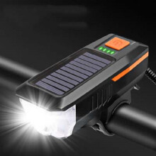 Solarbetriebener Fahrradscheinwerfer mit Hupe, USB-aufladbarer Scheinwerfer für Nachtfahrten, leistungsstarke Taschenlampe für Fahrräde