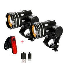 Luz delantera para bicicleta 7602 LED con carga USB, zoom telescópico. Especificaciones: 2 faros delanteros + luz trasera 056.