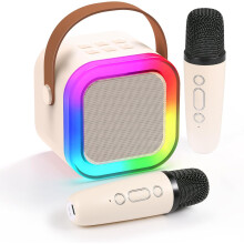 Ny mini-karaokemaskin med 2 trådløse mikrofoner, Bluetooth, stemmeeffekter og LED-lys – perfekt gave til barn