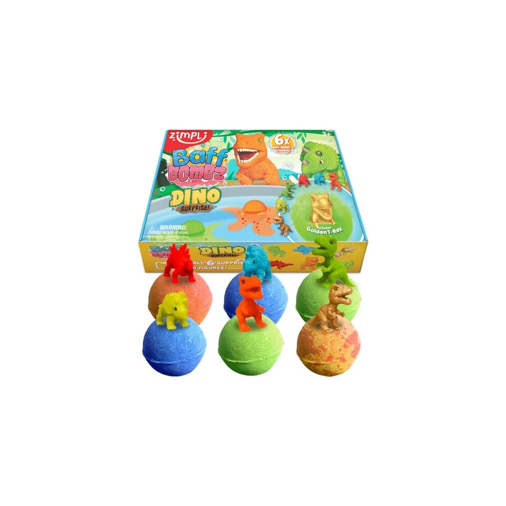 Zimpli - 6 X Large Dino Surprise Bath Bombs, 6 Surprise Dinosaur Toys Included, Boys Bath Toys, Christmas & Birthday Gifts, Baff Bomb Present For Kid