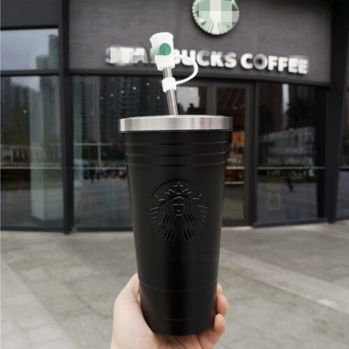 A Regular Thermos, Black with a Silver Lid.
