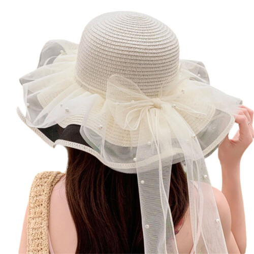 Lovely Double Layer Sun Hat with Lace Ruffle-Milky white